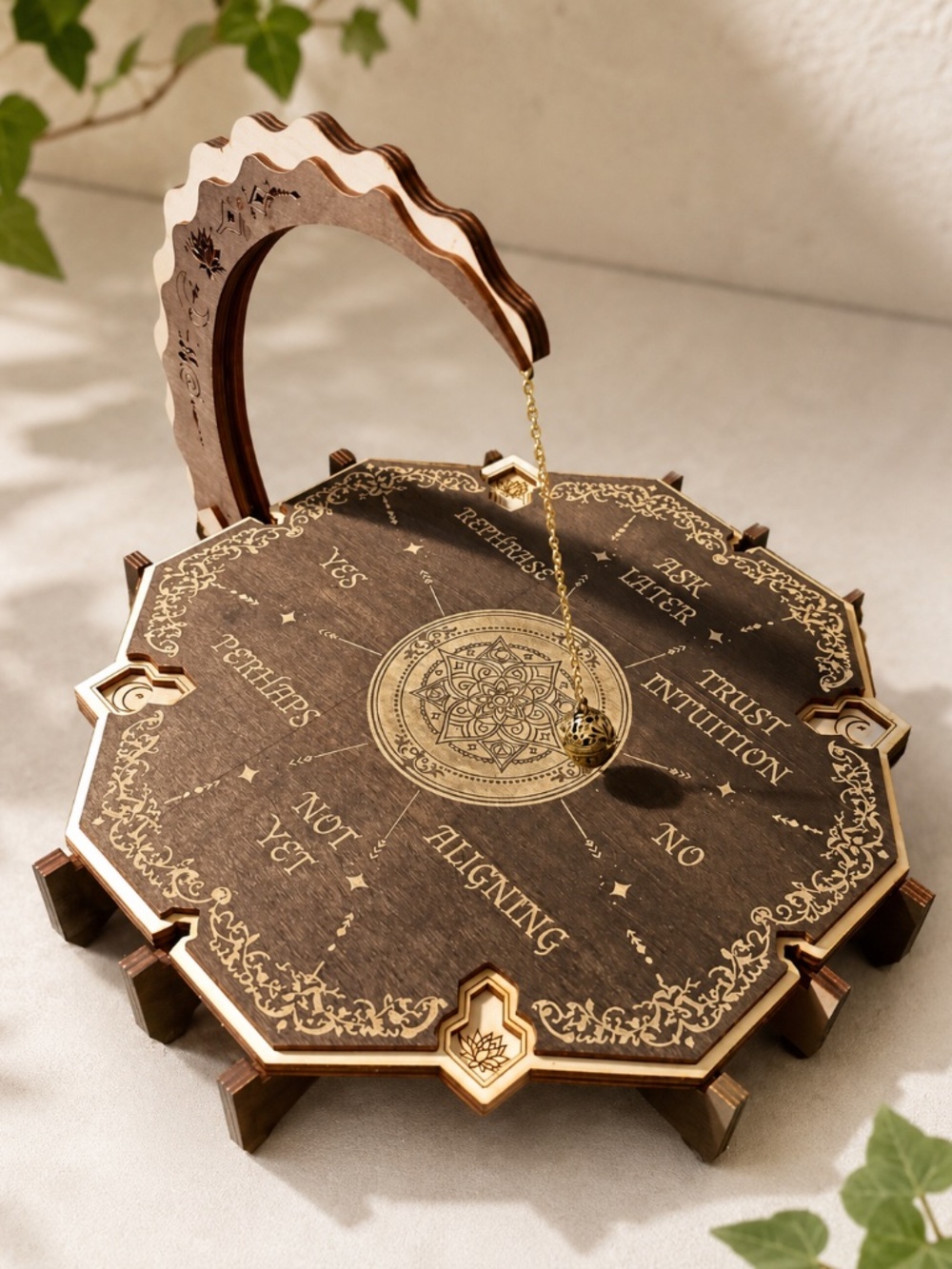 Wooden Pendulum Board with Crescent Moon Stand, Engraved Mandala Divination Set